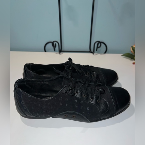 Sonia Rykiel Paris Black Leather/Satin Lace Up Sneakers with Rhinestone - Picture 5 of 11